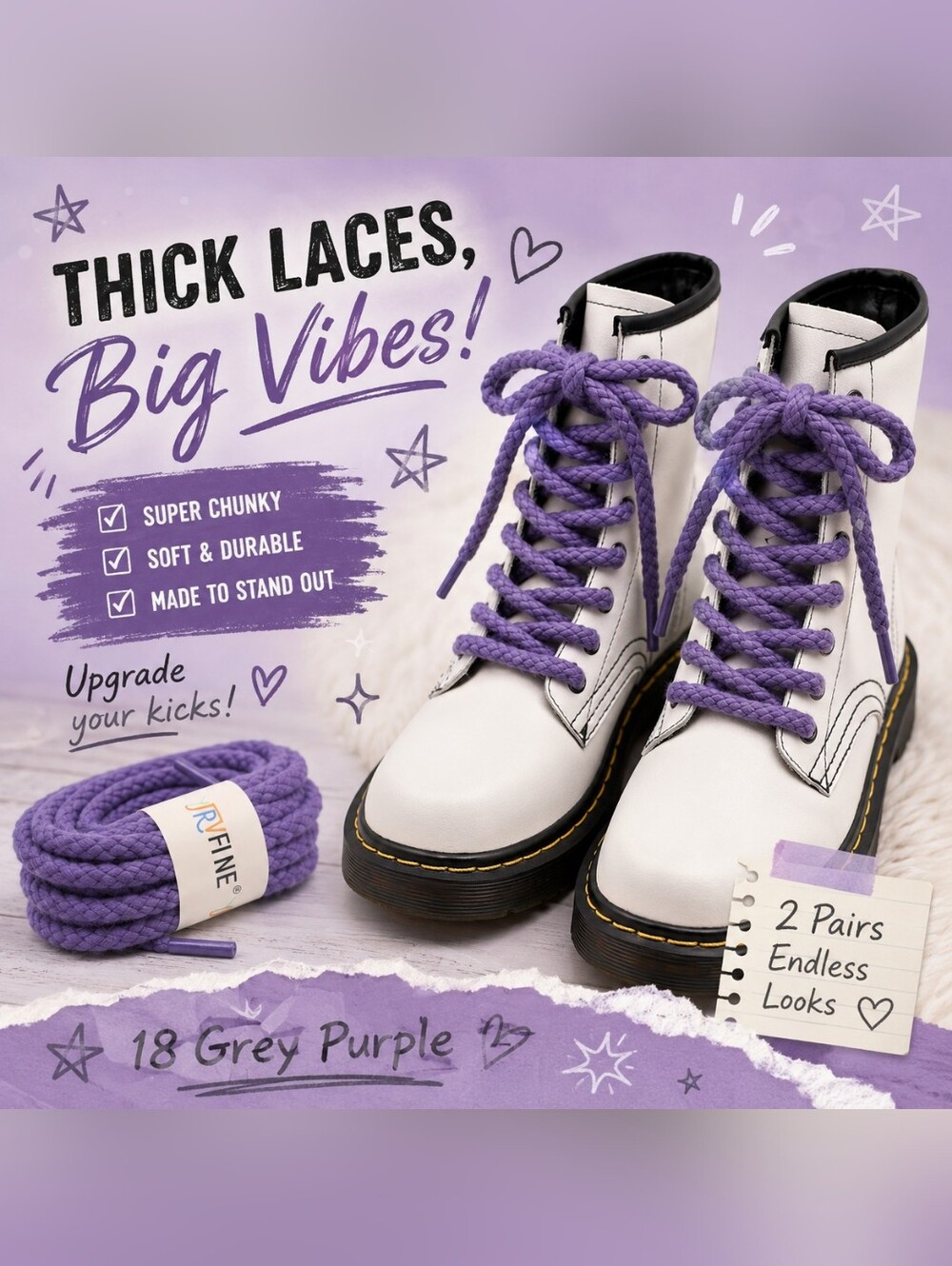 YJRVFINE‎ Purple Thick Round Shoelaces Chunky 6.5mm Sneaker Boot Laces 2 Pair